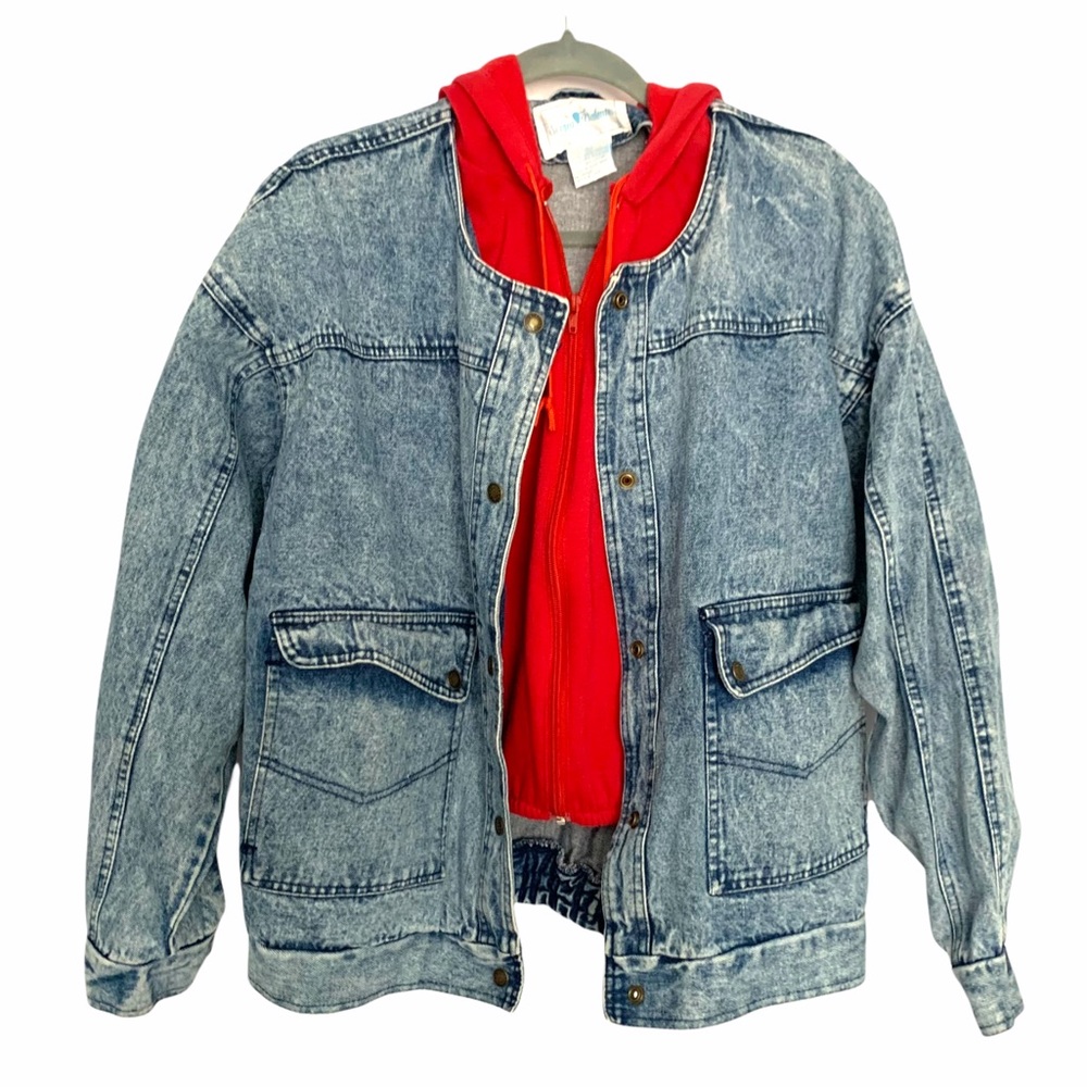Vintage Sergio Valente Acid Wash Blue Denim Jacket w/ Attached Red Crop Hoodie
